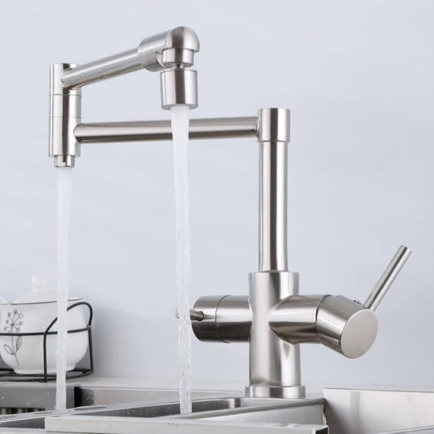 3 Way Kitchen Faucet Folded Brass Hot and Cold Water Swivel Kitchen Sink Faucet Brushed