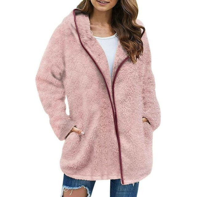 Winter Coats for Womens Plus Size Fleece Jacket Long Sleeve Hooded Cardigan Sweatshirts Open Front Lapel Outerwears