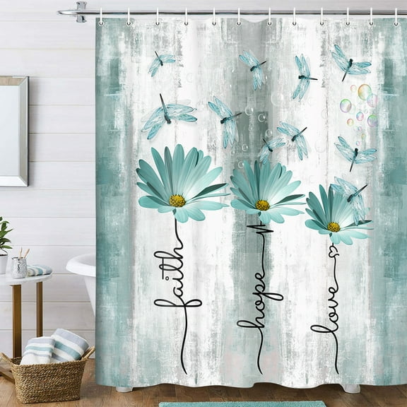 Rusitc Farmhouse Floral Shower Curtain, Farm Teal Country Daisy Flower Dragonfly and Faith Hope Love Inspirational Words Shower Curtain Set, Turquoise Balck White Bathroom Accessories Hooks, 70X70IN