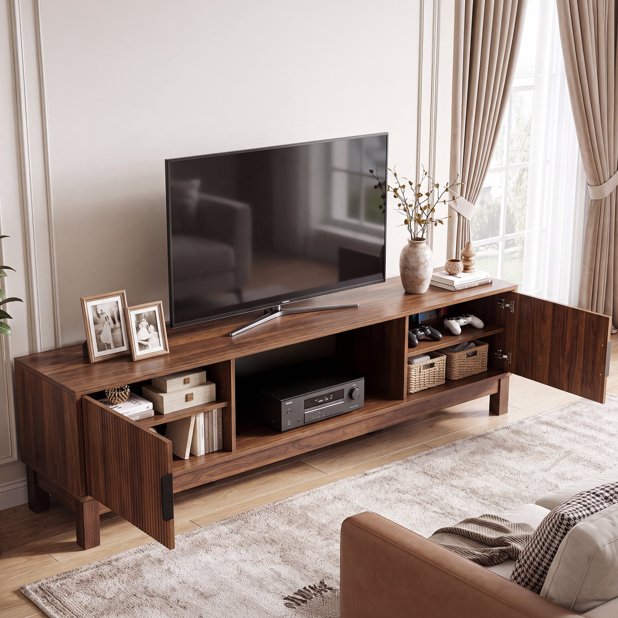 Uforic 70 Inch Mid-Century Modern Fluted TV Stand with Built-in Charging Station, Adjustable Shelves & Cable Management for 75/80 Inch TVs, Walnut Oak