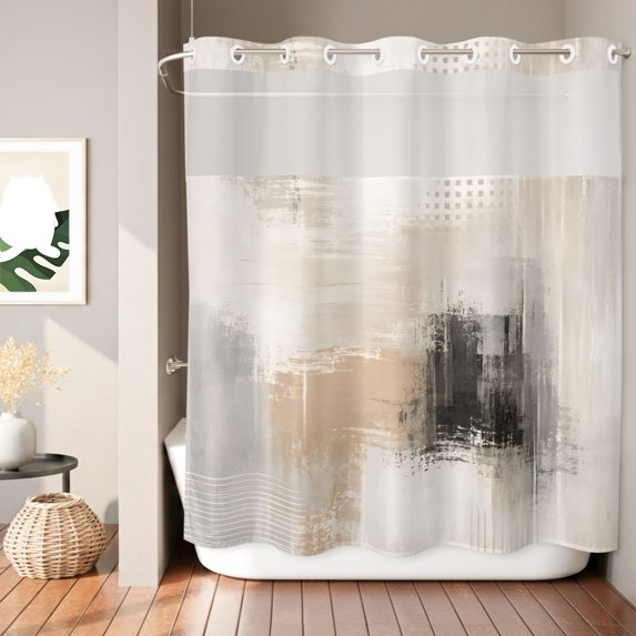 No Hook Shower Curtain, Brown Black Abstract Shower Curtains for Bathroom with See Through Top Window, Modern Gradient Mottled Simple Art Waterproof & Washable Bath Curtain 66"x72"