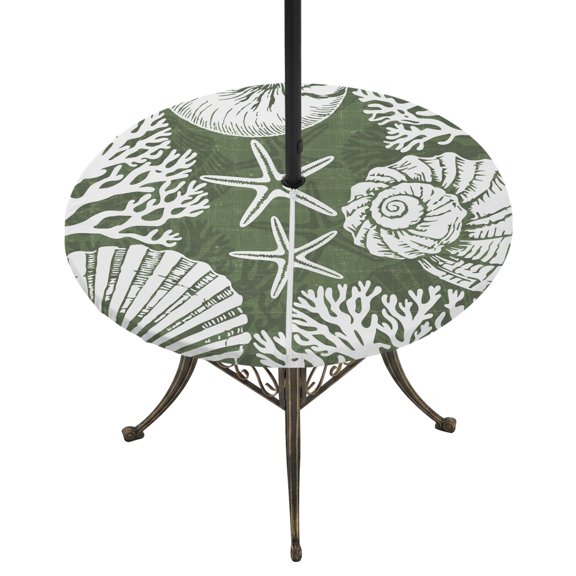 Round Outdoor Tablecloth with Umbrella Hole and Zipper, Dark Green Coastal Tablecloth with Elastic Waterproof, Conch Nautical Summer Starfish Shell Coral Patio Table Covers for 55" - 60" Pool Tables