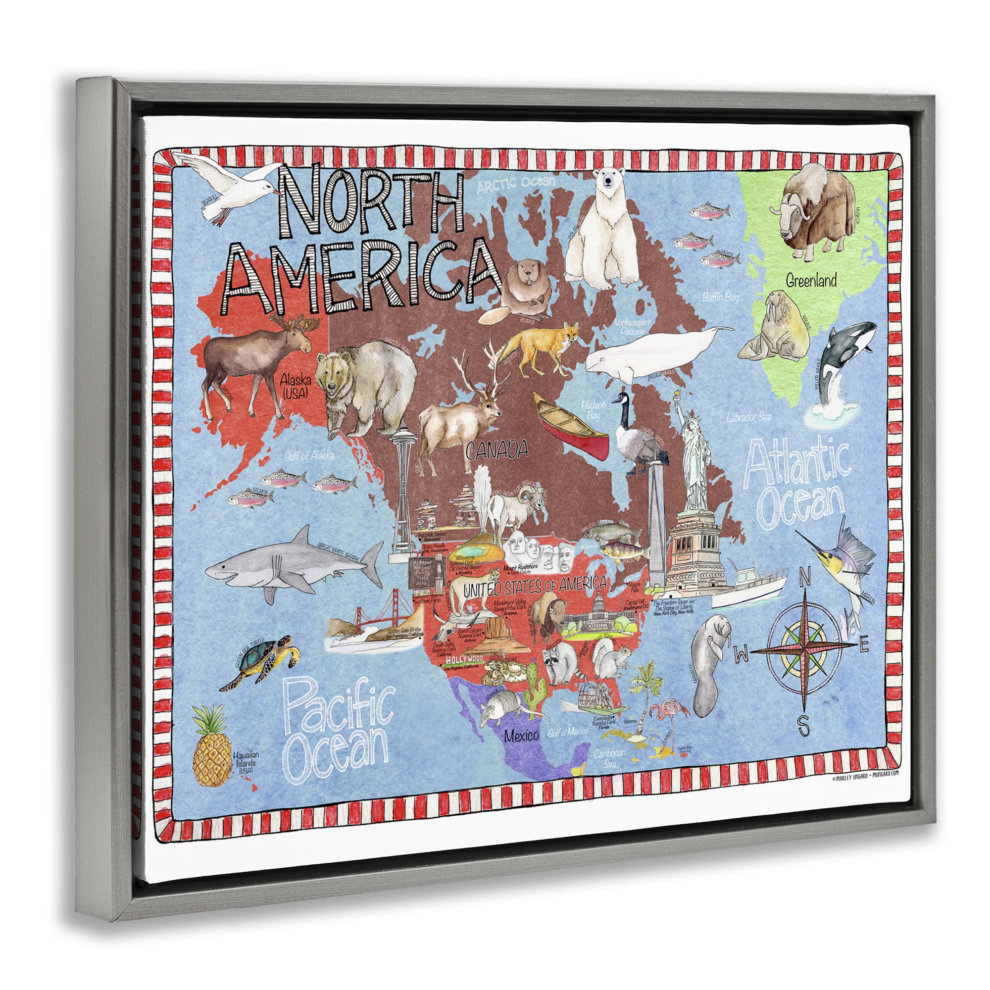 Stupell Industries North America Map Town & City Painting Gray Floater Framed Art Print Wall Art, 31 x 25