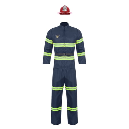 vastwit Mens Firefighter Fireman Outfits Long Sleeve Jacket Coat and Belt Plastic Helmet Set Navy Blue 190