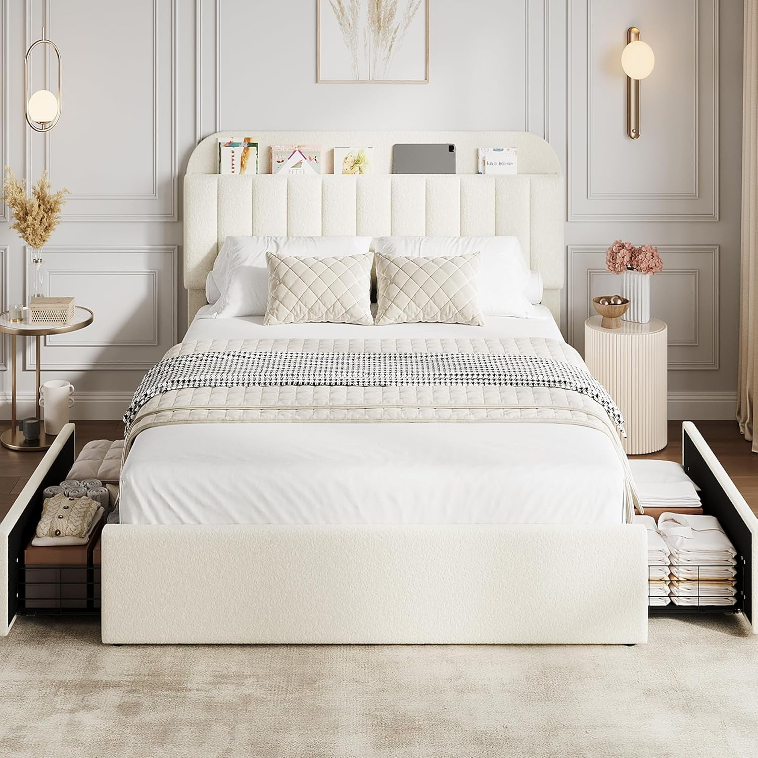 Huisuilinss Twin Size Bed Frame,Full Bed Frame With 2 Drawers,Storage Headboard,Boucle Upholstered Platform Bed Queen With Bookcase,Easy Assembly,No Box Spring Needed