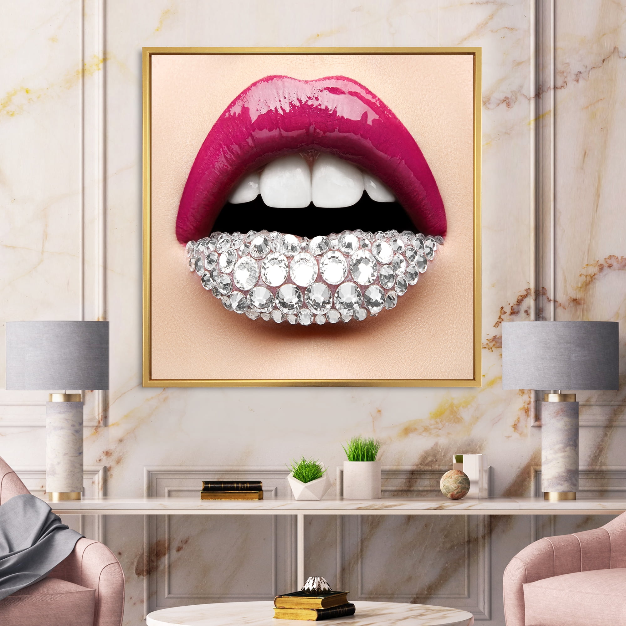 Designart 'Girl Lips With Pink Lipstick White Diamonds' Modern Framed Canvas Wall Art Print