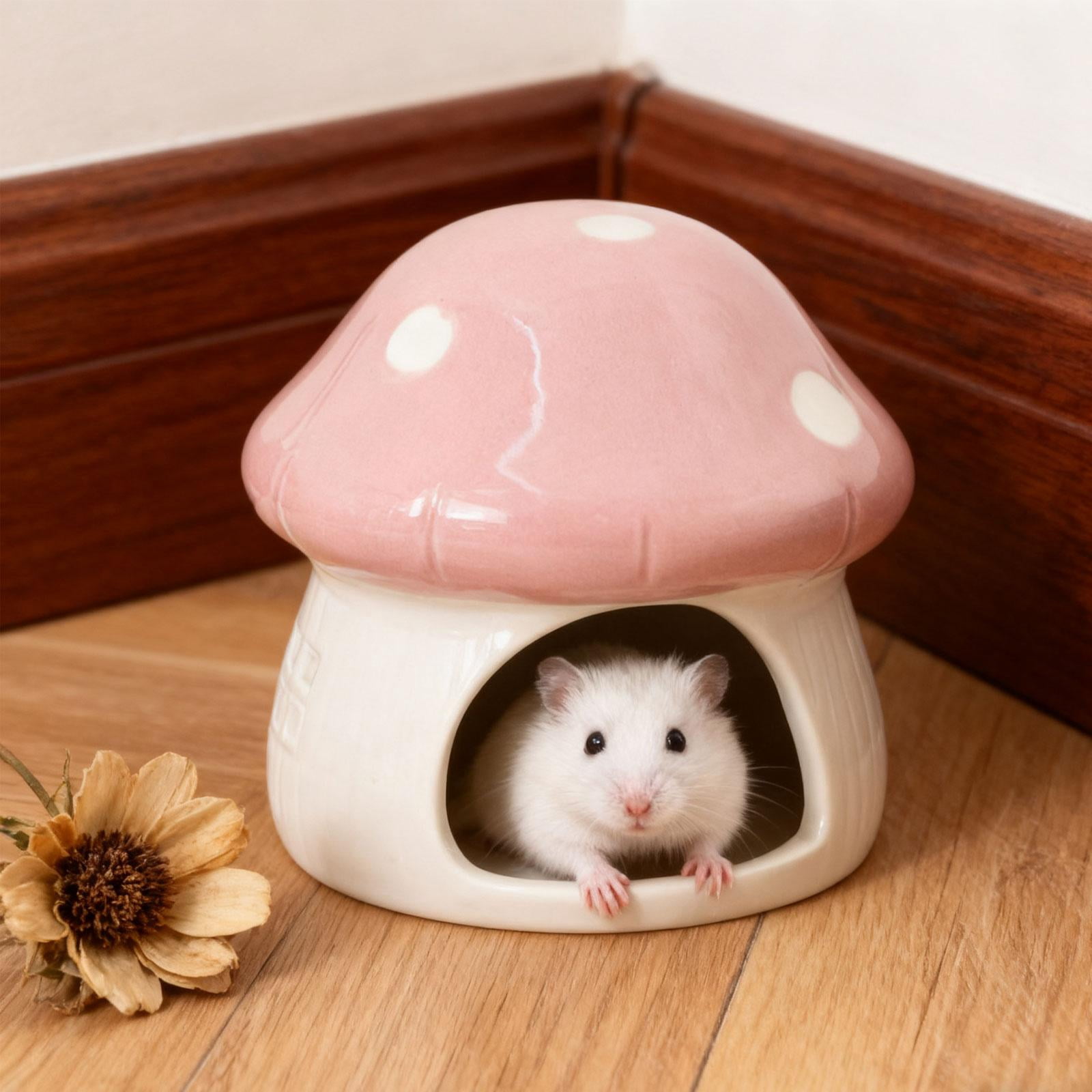Hamster House Mushroom Shaped Ceramic Hideout Decorative Pink Small Animal Cage Indoor Use