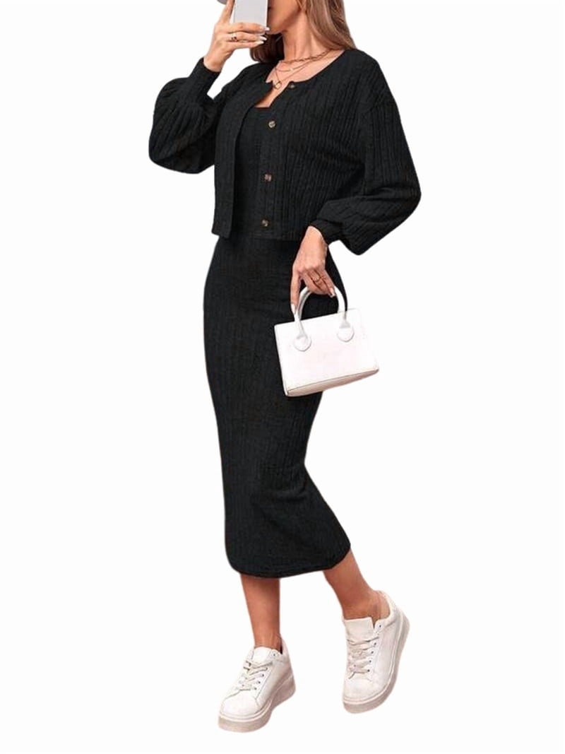 black bodycon dress with cardigan Women'S 2 PCS Knitted Button Nightclub Party Outfits Set XL Featuring a soft