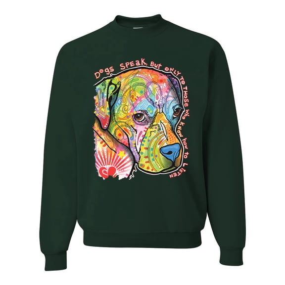 Neon Lab Dog Lover Shirt | Labrador Dogs Speak To Those Who Listen | Dean Russo Art Animal Lover Unisex Crewneck Sweatshirt, Forest Green, Medium