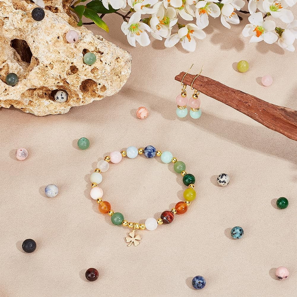 About 480 Pcs Mixed Gemstone Round Beads 24 Styles 8mm Natural Stone Loose Beads Undyed Dyed Agate Beads Jasper Beads Map Beads for Bracelet Jewelry Making Mixed Color