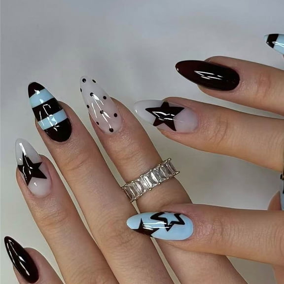 24Pcs Star Glossy Artificial Nails Almond Shape ABS Easy Application Manicure