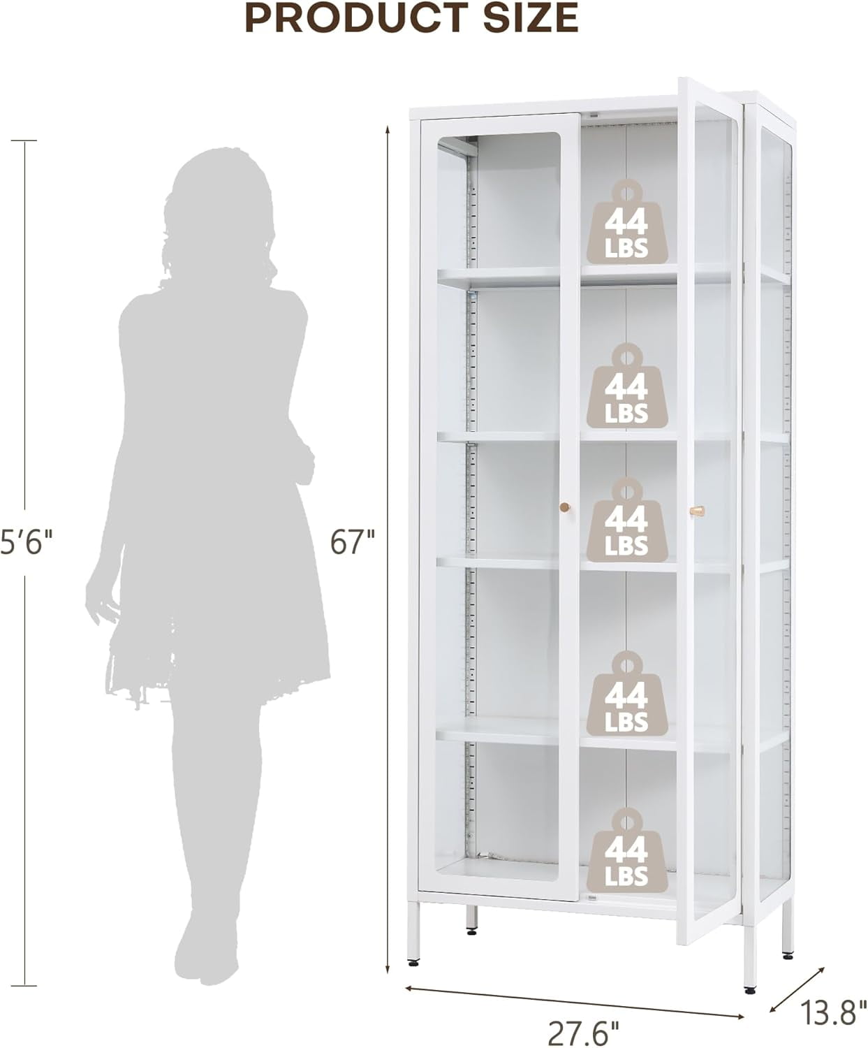 Display Cabinet with Glass Doors, 5-Tier Storage Shelves with 3-Side Tempered Glass, 4 Adjustable Shelves Collectibles Toys Organizers Rack, Display Shelf & Bookshelf, White