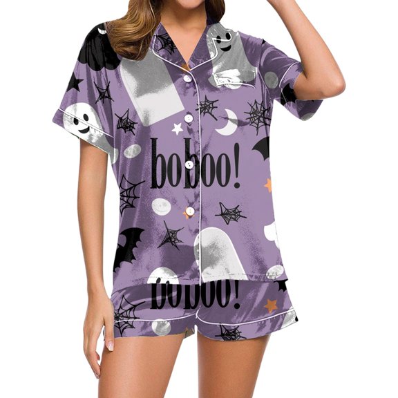 Halloween Pajamas 2 Piece Silk Satin Soft Sleepwear Outfits Pumpkin Ghost Printed Womens Button Down Pajama Sets With Shorts Loungewear Sets Woman Womens Nighties