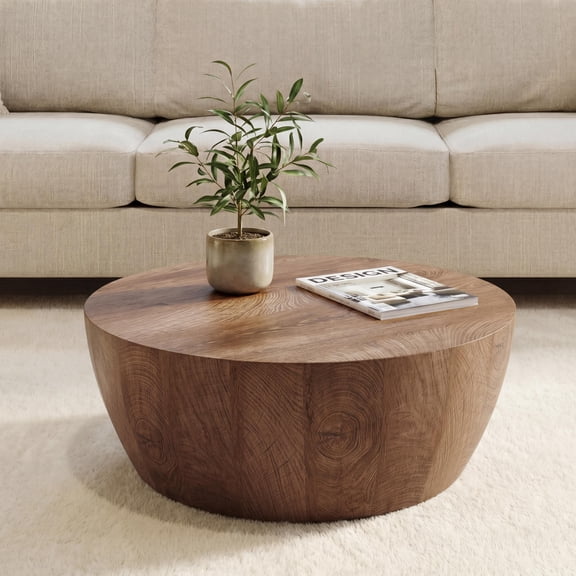CasaGlajore Natural Round Drum Coffee Table – Fully Assembled, High-Quality MDF Living Room Table