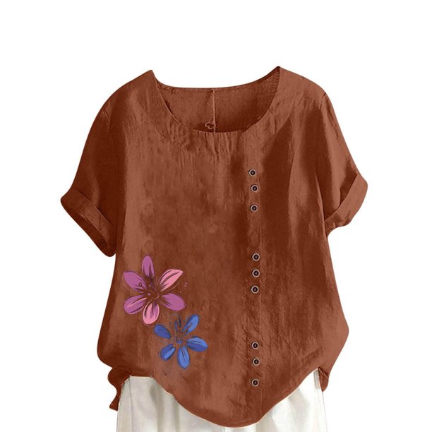 Vestidos Casuales Para Mujer, Blusas De Mujer De Moda Blusa informal de lino con cuello redondo, manga corta y botones para mujer