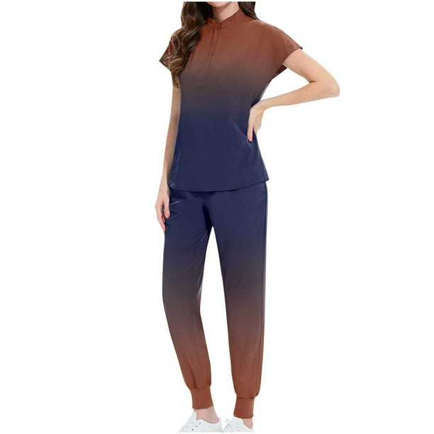 Conjunto Corto para las Mujeres Color Sólido Suelto Cordón Pantalones Bolsillo Y V-Cuello Blusa Uniforme de Enfermería, Poliéster para Casual