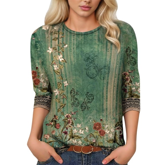 DHFJKG 3/4 Sleeve T Shirts For Women Crew Neck Floral Printed Loose Fit Spring Summer Top Bohemian Beach Vacation Clothes Versatile Tops