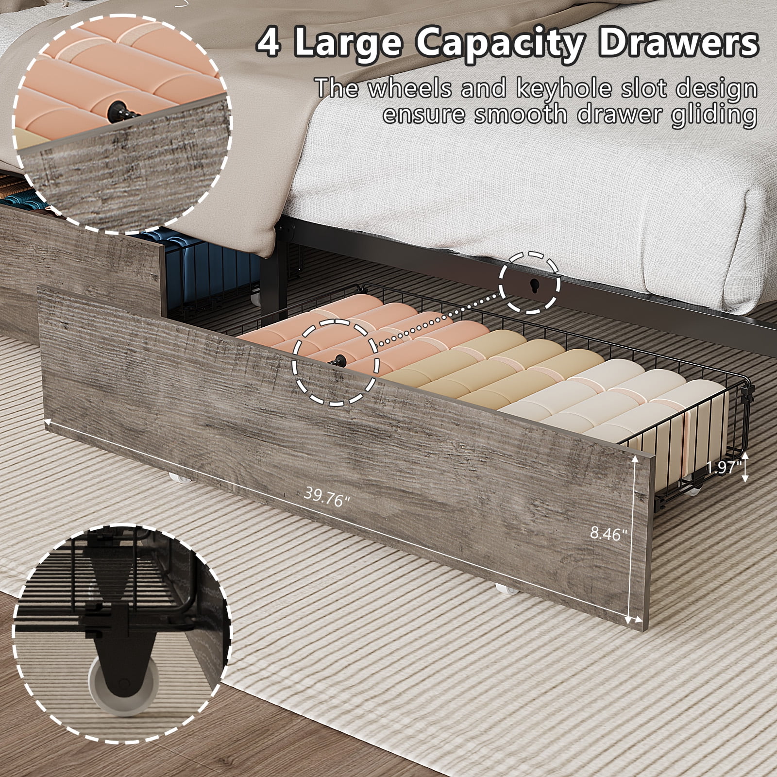 Zimtown King Bed Frame with 2-Tier Storage Headboard, Metal Platform Bed Frame with 4 Storage Drawers, Built in Charging Station & LED, Gray