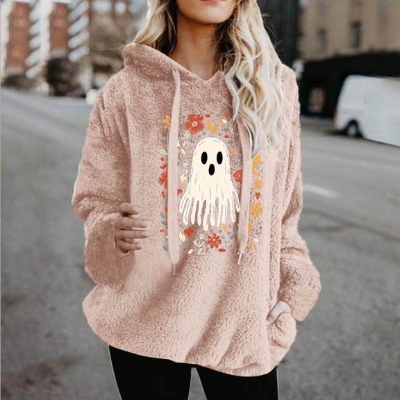 Tawop Fleece Pullover Women Fall and Winter Solid Color Long Sleeve Warm Wool Pockets Drawstring Hooded Sweatshirt Graphic Cartoon Ghost Top Pink