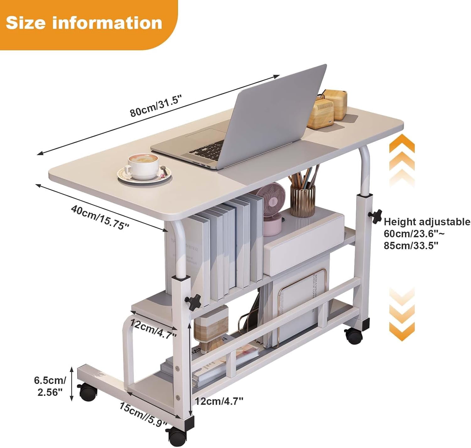 Adjustable Height Mobile Standing Desk – Ergonomic Rolling Computer Table with Storage Shelves – Space-Saving Laptop Desk for Home Office or School – with Wheels, White 80 x 40CM