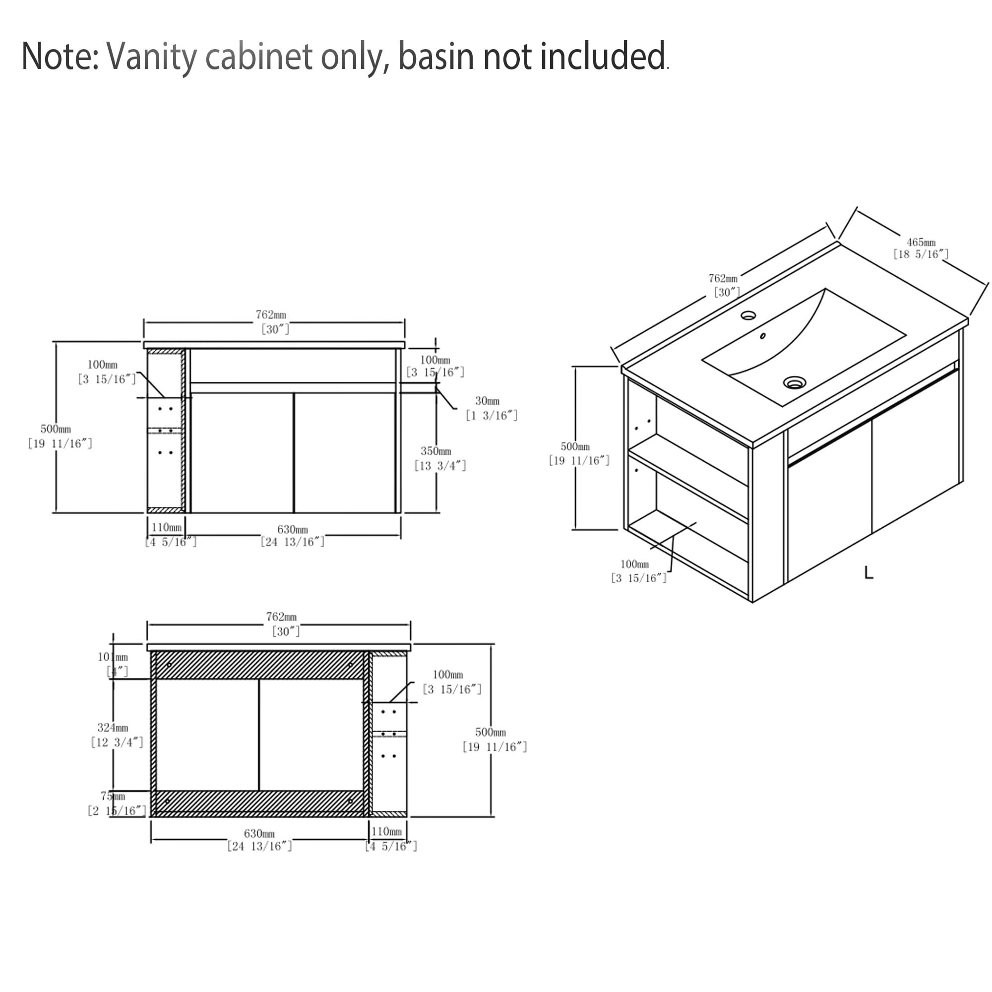 Leumius 30" Floating Bathroom Vanity Cabinet with Open Side Storage Compartment,Soft-Close Double Doors,Wall Mounted Bathroom Cabinet for Small Space,Cabinet Only,Black