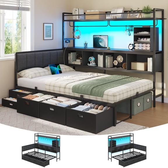 Mabor Twin Size Corner Bed with 5 Fabric Drawers,Upper Storage Bookshelf,Coat Rack,Daybed with Charging Station,LED Lights,Upholstered Headboard,L-Shaped Metal Platform Bed, Black