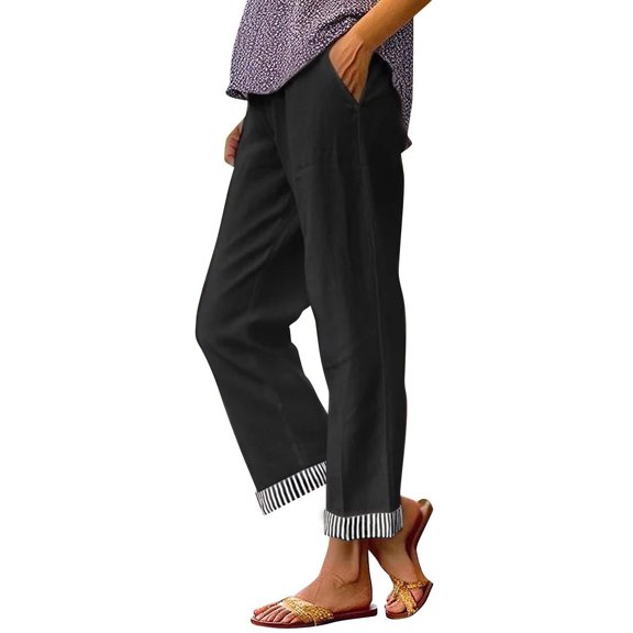 Yifymode Women's Ankle Length Straight Leg Cropped Pants Elastic Waist Summer Beach Vacation Trousers with Pockets,Black M