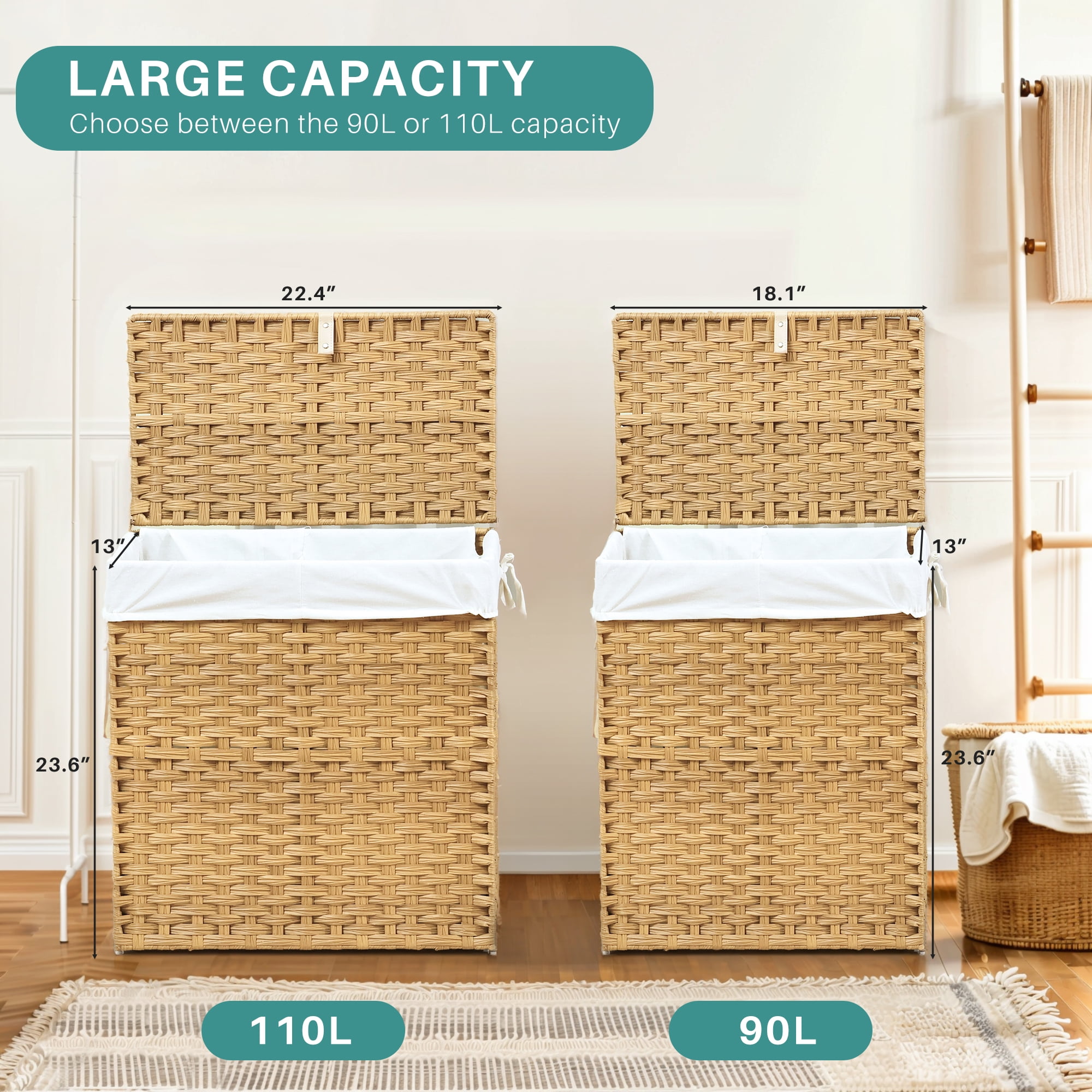 110L Foldable Laundry Hamper with Lid and Removable Liner, Wicker Basket for Bedroom & Bathroom, Yellow