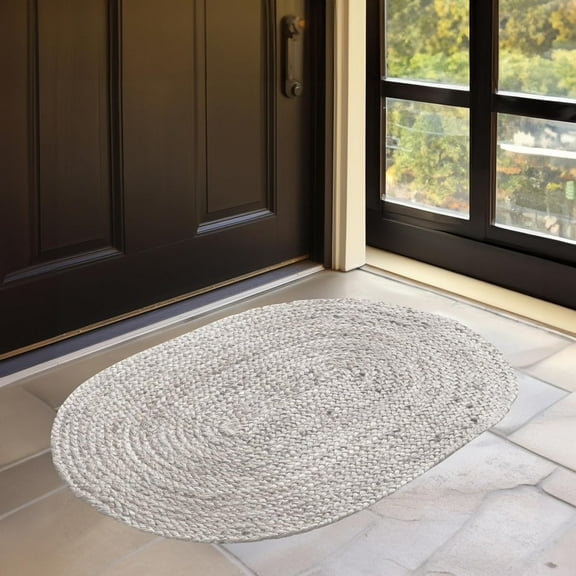 HOMEMONDE 2'x3' Door Mat Indoor Jute Oval - Off White Hand Woven Braided Reversible Boho Charm Farmhouse Jute Rug - Natural Yarn Accent - Ideal For High Traffic Areas