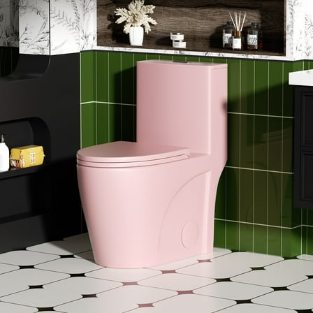 1.1/1.6 GPF Tornado Flush One-Piece Toilet for bathrooms,Siphonic S-trap 12",Elongated Bowl with Soft Close Seat,Powerful Dual Flush MAP 1000g,Comfort Chair Seat ADA Height 17", Pink PF-001