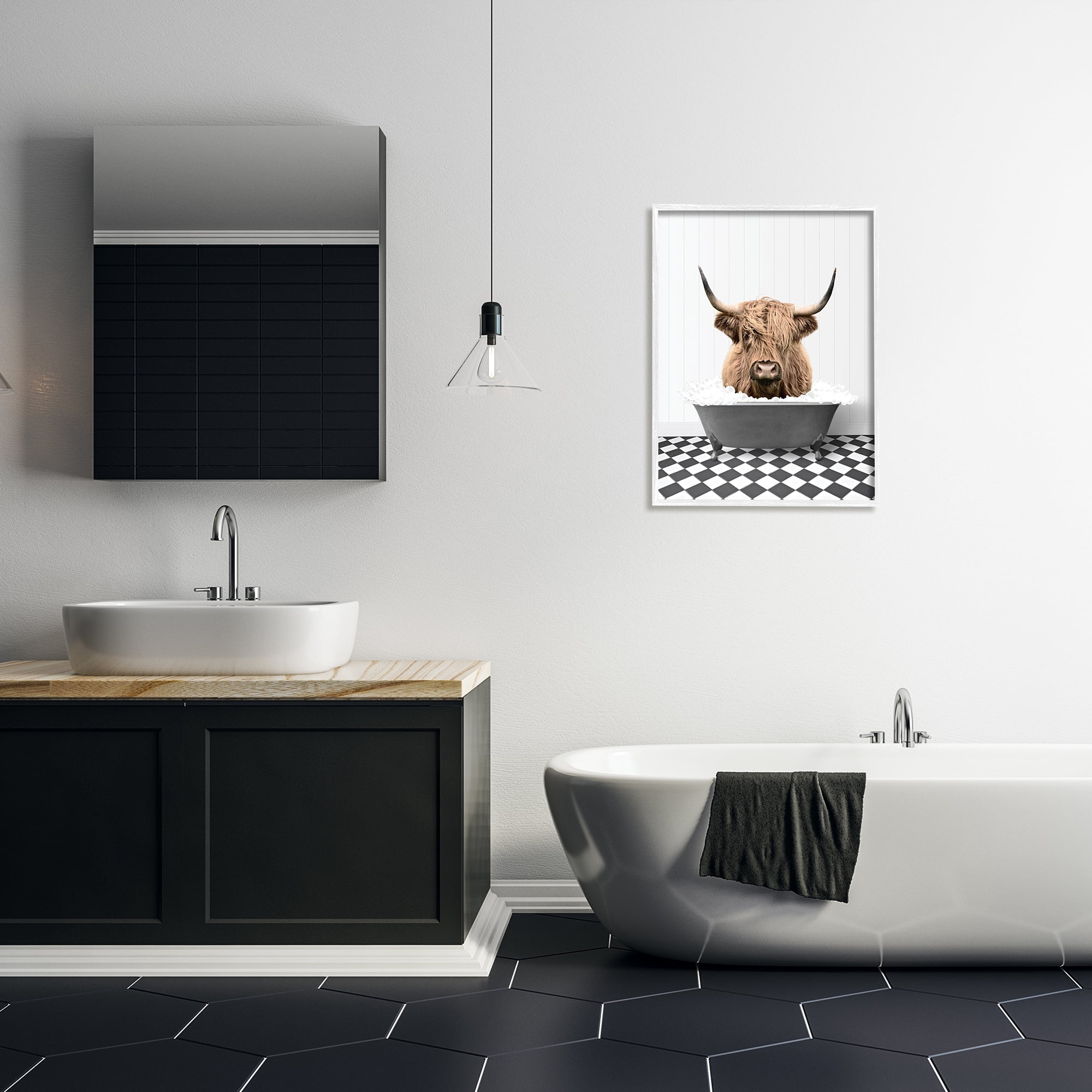 Stupell Industries Cattle in Checkered Bathroom Animals & Insects Painting White Framed Art Print Wall Art, 24 x 30