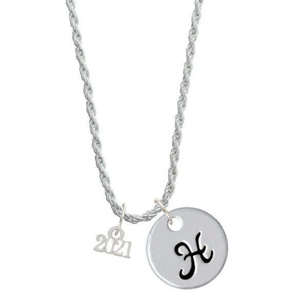 Delight Jewelry Silvertone Mini Year 2021 Silvertone Script Initial Disc - H - Charm Necklace, 20"+3"