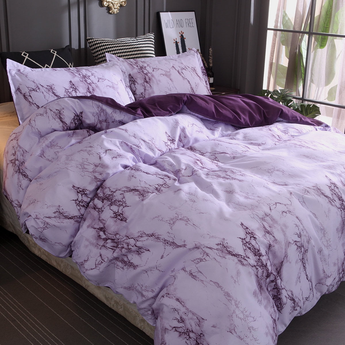 Duvet Cover Purple Bedding Set with Marble Pattern Soft and Breathable