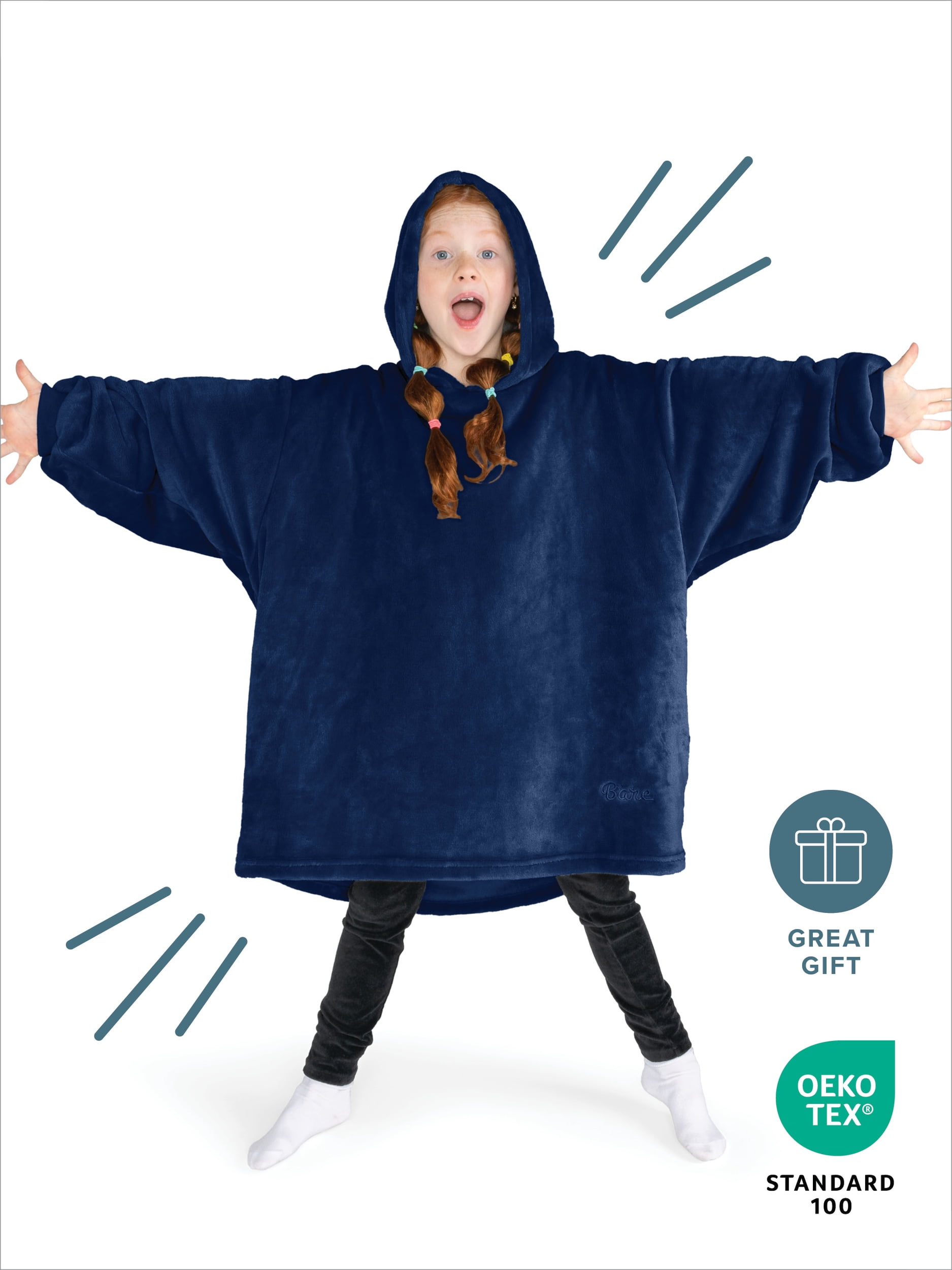 Bare Homey Kids Size Microplush Wearable Blanket - Side Pockets - Warm - Velvety Soft, Dark Blue