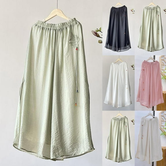 Olyvenn Stylish Summer Wide Leg Pants for Women Casual Fashion Vintage Elastic Waist Trousers Solid Color Loose Fit Comfy Beach Pant Green XL
