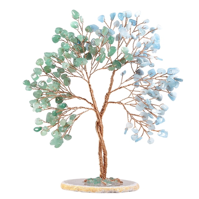 Nvzi 1 pieza de piedra de cristal natural creativa, árbol concéntrico, energía, base de piedra natural triturada, adorno decorativo de escritorio de árbol de la vida de piedra natural verde y azul.