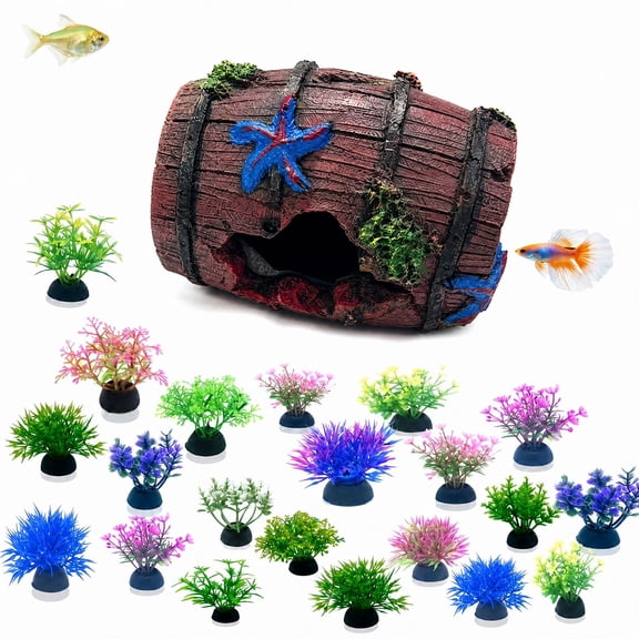 21-Piece Fish Tank Decor Kit: Artificial Plants, Seaweed & Resin Cave for Aquarium Landscaping