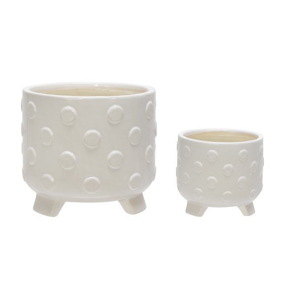 Sagebrook Home Set Of 2 Ceramic 6/8" Footed Planter With Spots, White, Round, Ceramic, Contemporary, 7"H, Geometric