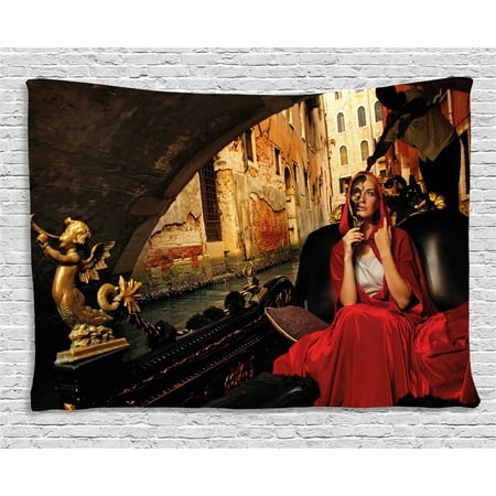 Venice Tapestry, Young Woman with a Red Cloak and Carnival Mask Riding on Antique Gondola, Wall Hanging for Bedroom Living Room Dorm Decor, 80W X 60L Inches, Red Black Light Brown, by