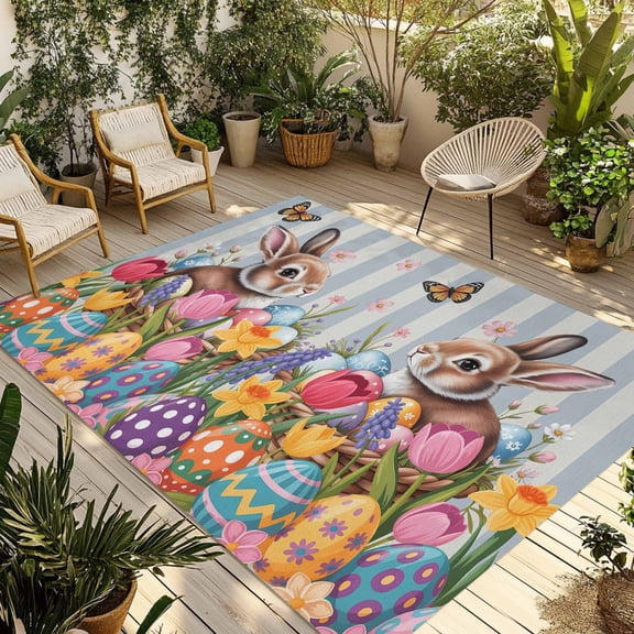 Easter Bunny Outdoor Rug for Patio/Deck/Porch, Non-Slip Large Area Rug 6 x 9 Ft, Colorful Eggs Spring Tulips Flower Blue Stripes Indoor Outdoor Rugs Washable Area Rugs, Camping Rug Carpet Runner