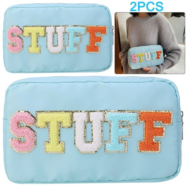 (Envío Por La Mitad) Parche Bordado Informal A La Parche Con Letras Chenilla Cosméticos Bolso Mano para Mujer Azul