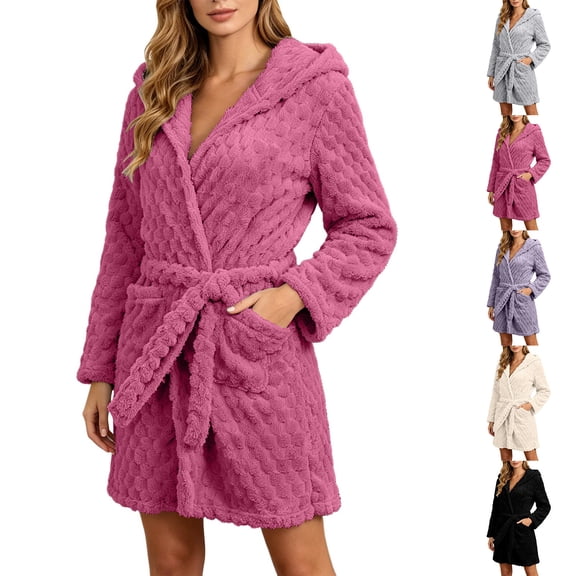 YanHoo Hooded Robes for Women Soft Fleece Mid-Length Bathrobe Plush Warm Bath Robes with Belt Pockets