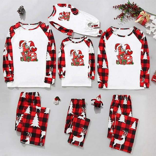 Penkiiy Pyjamas de Noël Familiaux Assortis Ensembles Parent-Enfant Ensemble de Noël Chaud Pyjama d'Intérieur Imprimé Ensemble Deux Pièces Rouge-B Pyjamas de Noël