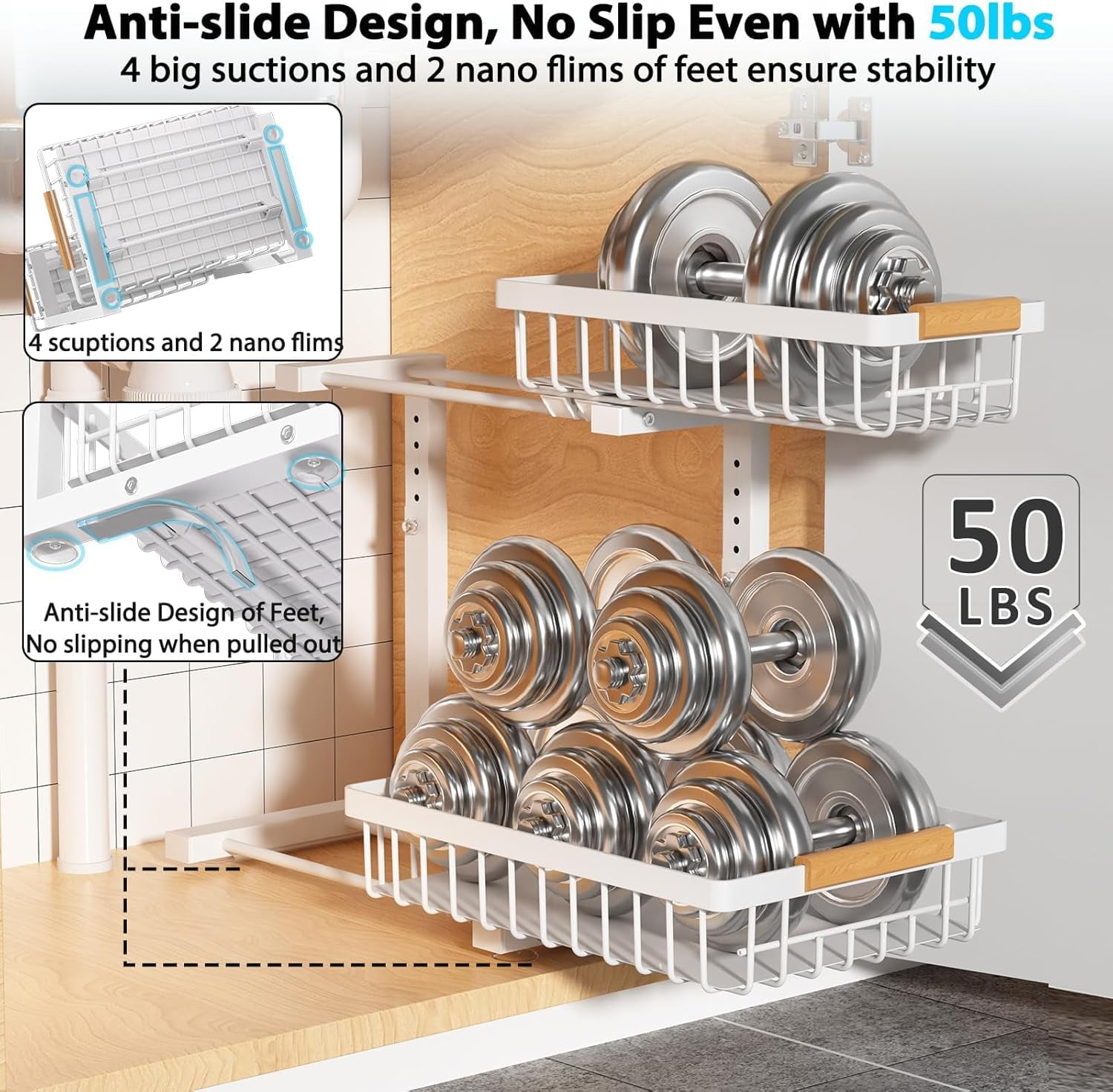 Under Sink Organizer 2 Pack, 2 Tier Slide Out Large Capacity Height Adjustable Under Sink Organizers and Storage for Kitchen Bathroom Cabinet, White