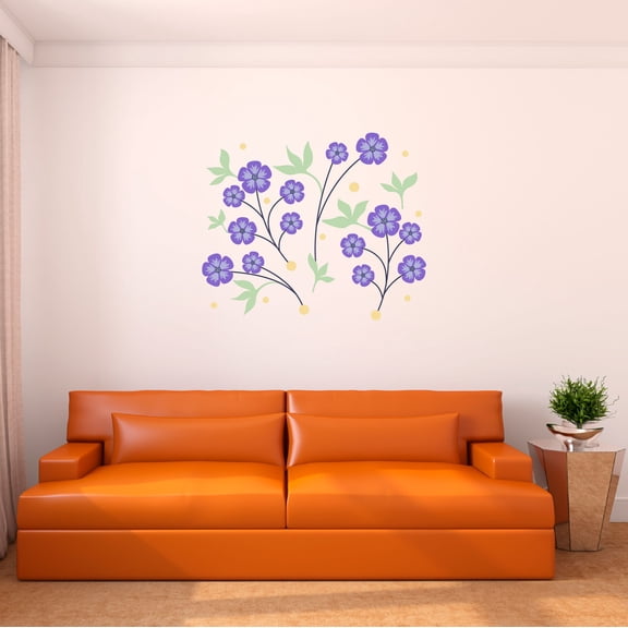 Danish Pastel Wall Decal Pretty Violet Flowers with Leaves and Dotted Background Bedroom Wall Decal for Girls Cute Themed Room Décor - Size: 10 In x 8 In
