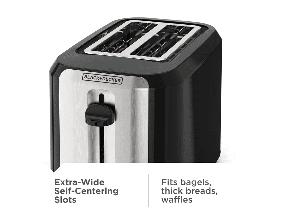 Open Box BLACK+DECKER 2-Slice Toaster, with Extra-Wide Slots and Bagel Function, Black with Stainless Steel