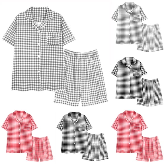 Lovzfmll Pajama Set for Women, Plaid Print Short Sleeve Set, Elastic Waist Pocket Pants & Top, Casual Home Sleepwear Gray, M