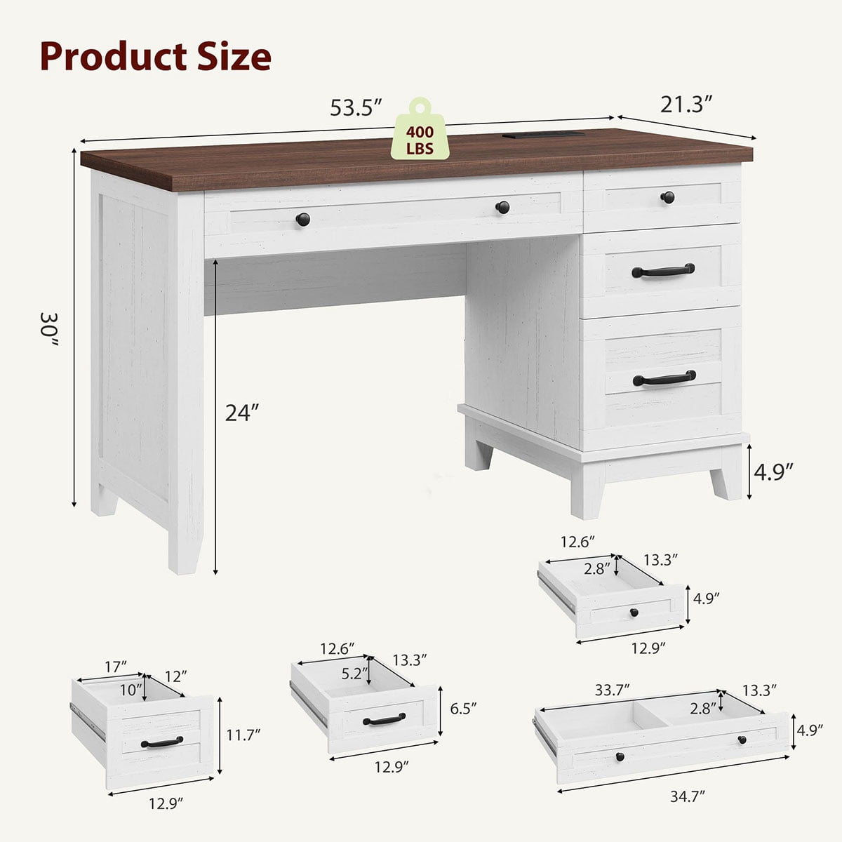 Danolapsi 53.5" Executive Desk,Home Office Desk with Drawers & Power Outlet, Wooden Work Desk with File Cabinet, Computer Desk for Work, Study, Writing