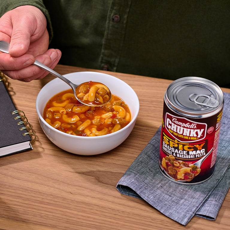 Chunky Spicy Sausage Mac Soup 18.8 oz Can with Big Sausage Pasta
