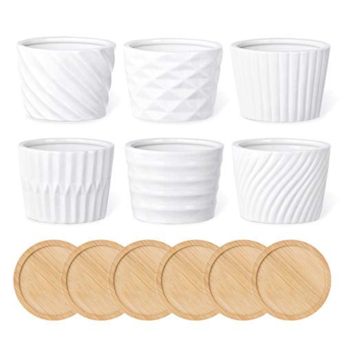 Small Cactus Planter Pots Indoor Outdoor,6 Pack Plants NOT Included 3.5 inch White Ceramic Flower Pot with Drainage Holes and Bamboo Tray BUYMAX Succulent Plant Pots 